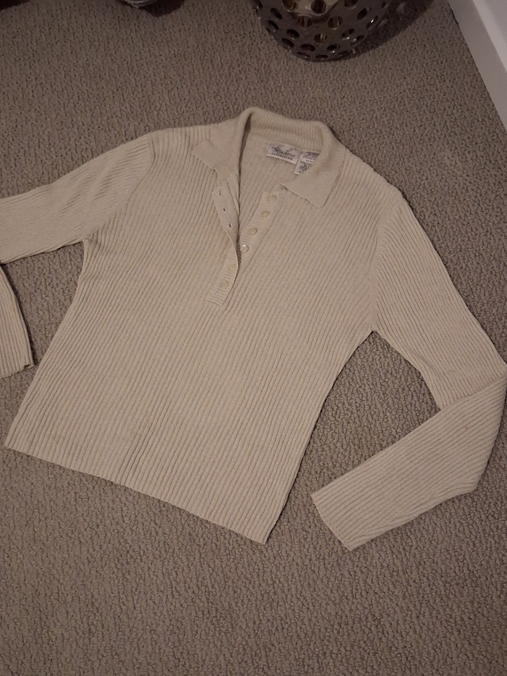 Kathie Lee Collection Men's Ribbed V-Neck Polo Sweater in Cream